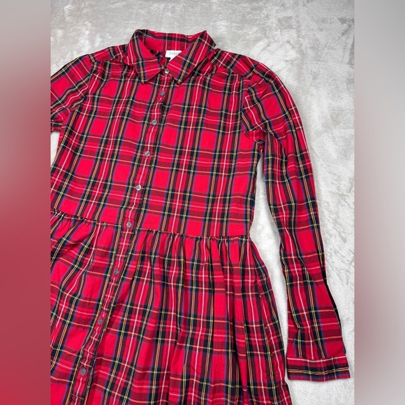 J.Crew Factory Red Green Tartan Plaid Collared Shirtdress Mini Dress Size 2 - Picture 5 of 16